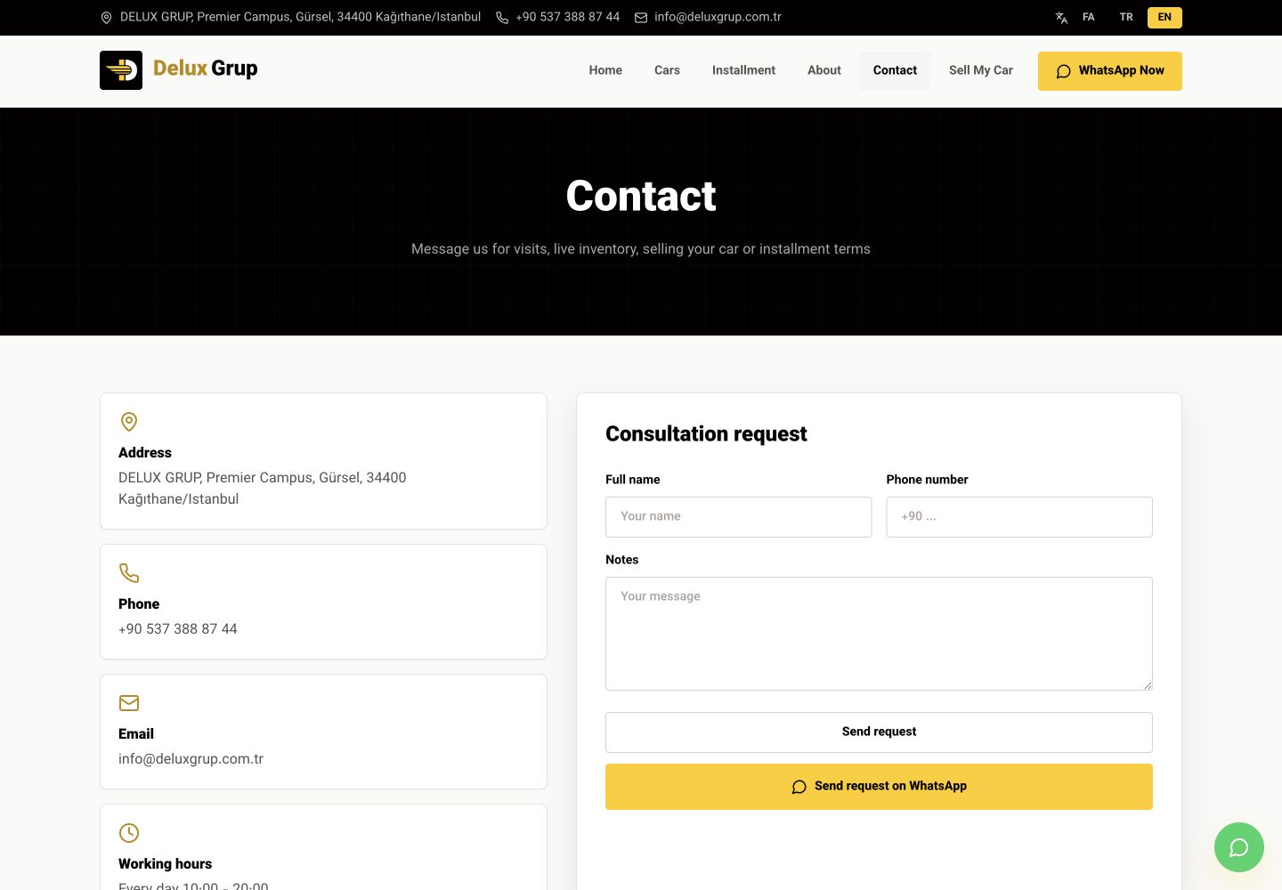 Delux contact page with business details, consultation form, and a direct WhatsApp request path