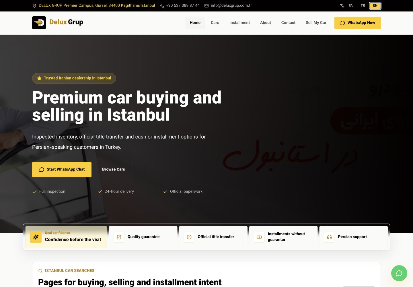 Rebuilt Delux homepage with a clear offer, inventory action, trust evidence, language controls, and direct WhatsApp contact