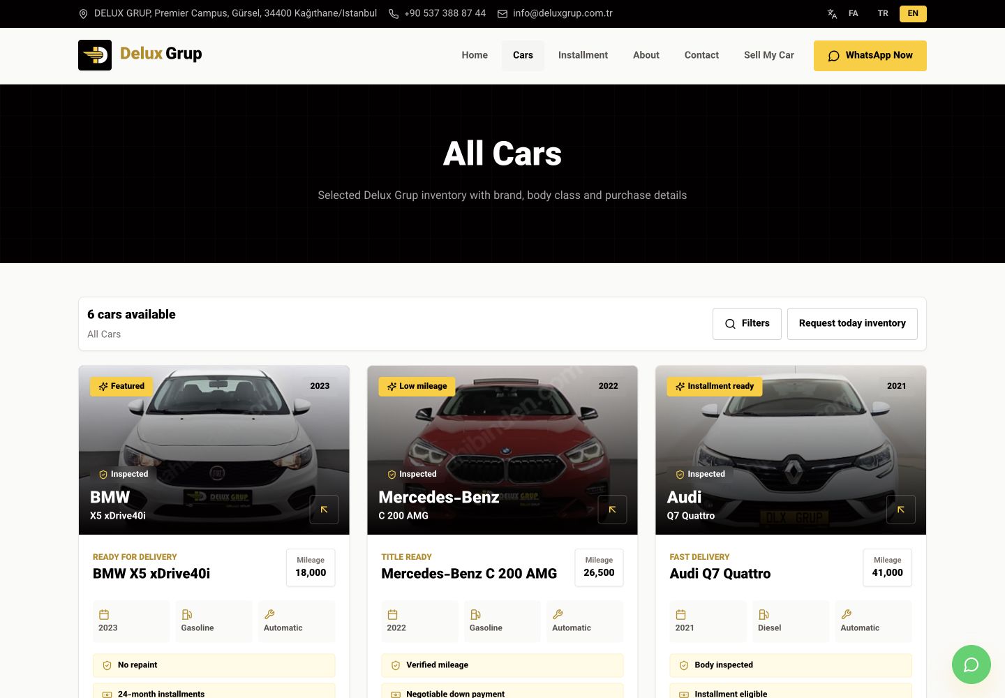 Live Delux vehicle inventory with filters, inspected cars, mileage, purchase details, and installment information