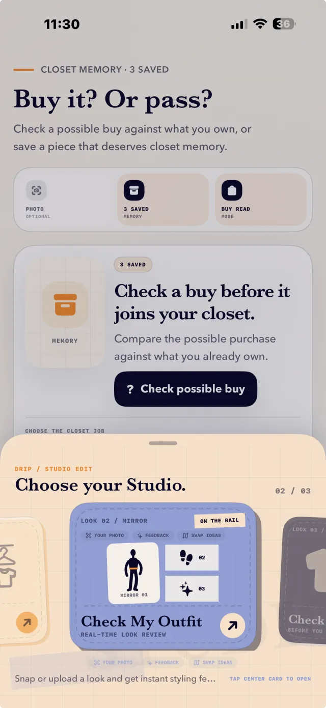 Real Drip buy-or-pass closet memory interface