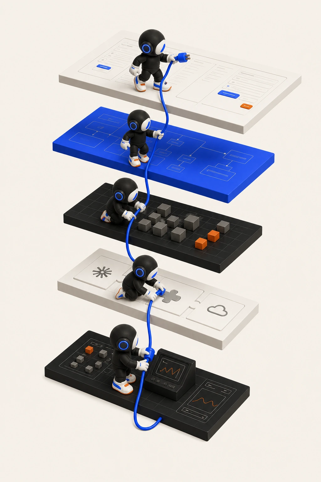 Five connected system layers with Real Co. characters working across interface, logic, data, integrations, and operations